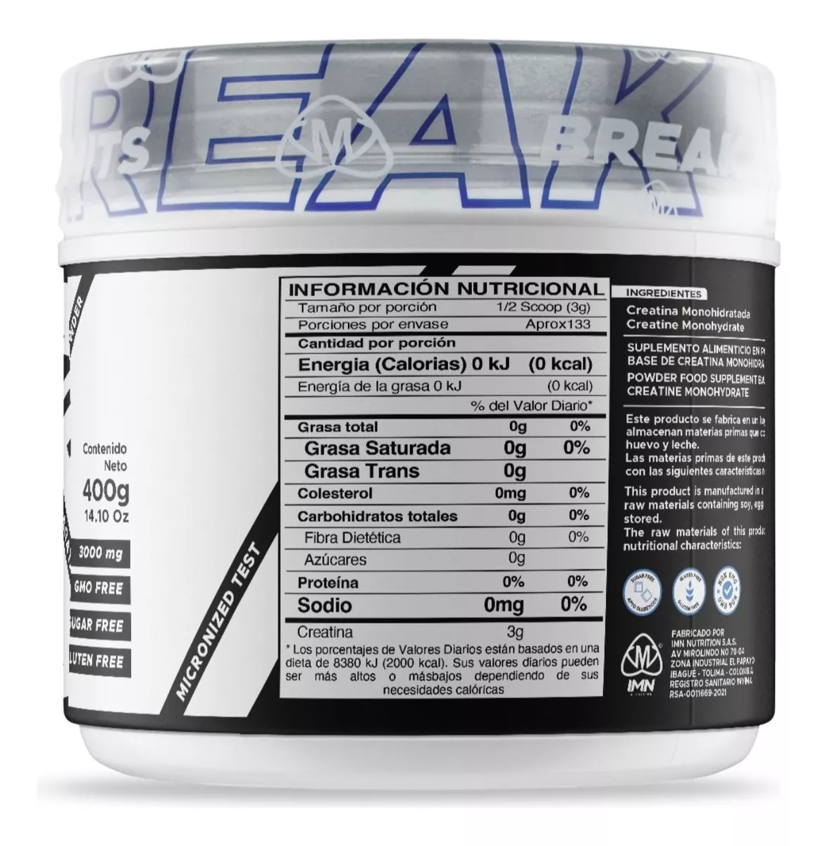 Creatina monohidratada INM Nutrition 400G / 133 Servicios - Image 2